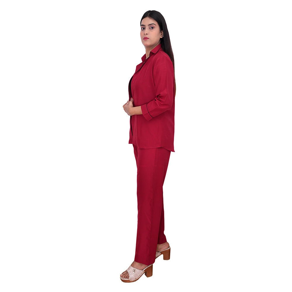 Azqaa Women's Solid Maroon Night Suit Set | Front Open Top & Pyjama Set (Maroon)