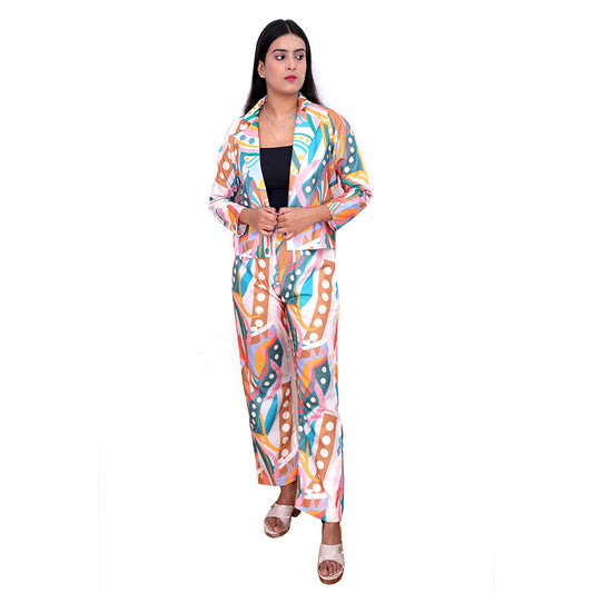 Azqaa Abstract Print Notched Neck Blazer and Trouser Set Women | Modern Casual Co-ord Set