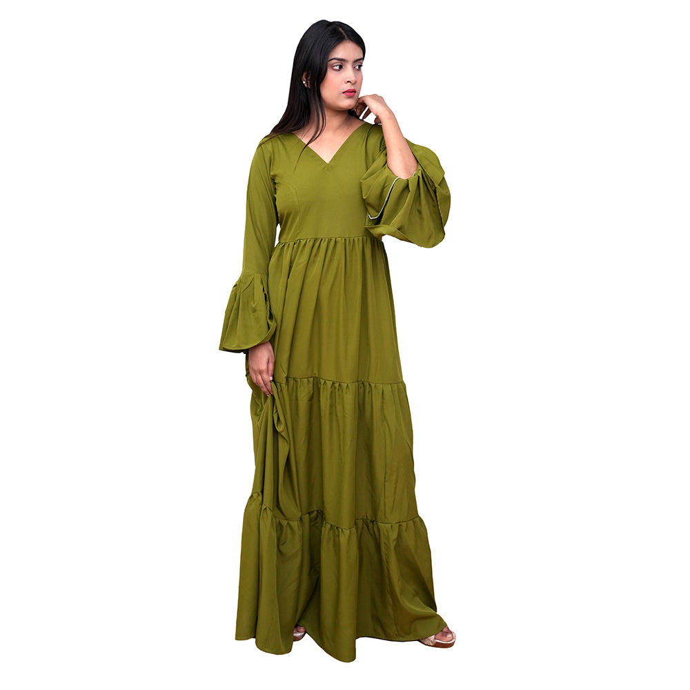 Azqaa Frill Step Design Solid Green Dress | Full-Length Hemline | Elegant and Enchanting Fabric