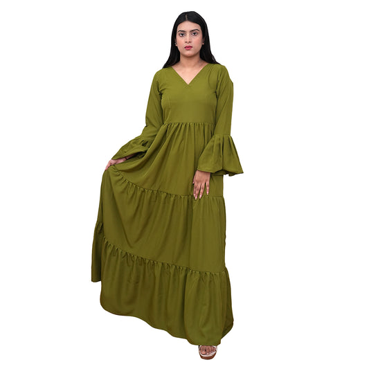 Azqaa Frill Step Design Solid Green Dress | Full-Length Hemline | Elegant and Enchanting Fabric