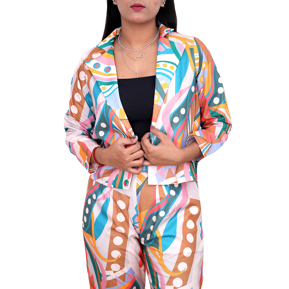 Azqaa Abstract Print Notched Neck Blazer and Trouser Set Women | Modern Casual Co-ord Set