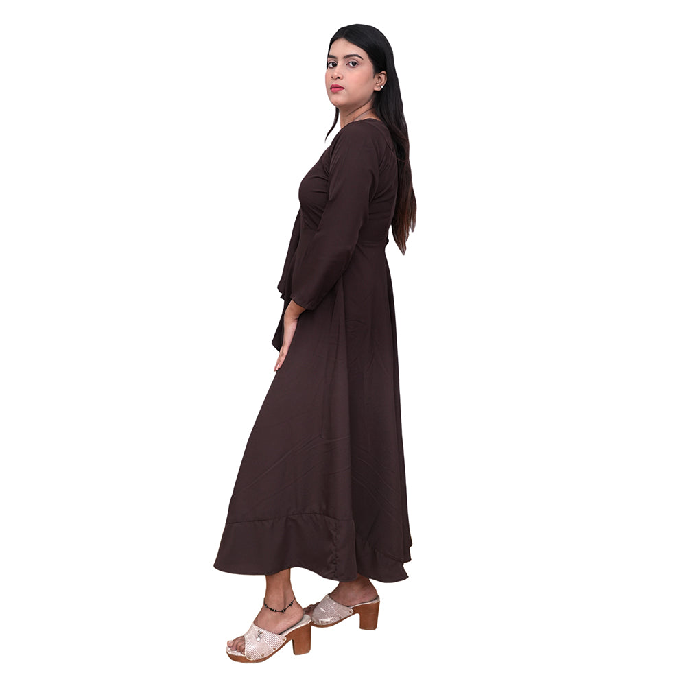 Azqaa Frill Design Solid Brown Dress for Women | Elegant Full-Length Evening Gown | Fashionable and Versatile