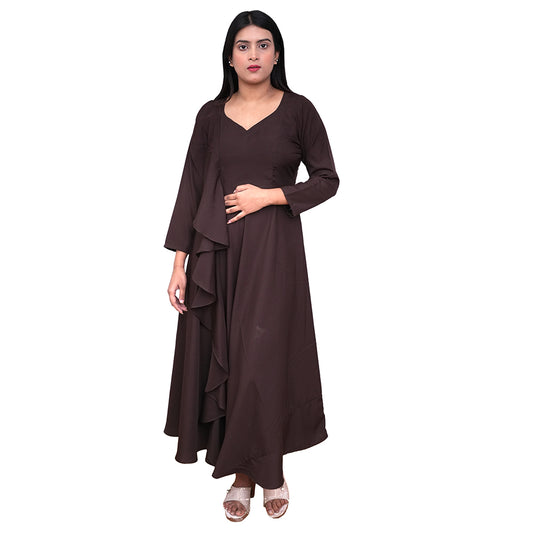Azqaa Frill Design Solid Brown Dress for Women | Elegant Full-Length Evening Gown | Fashionable and Versatile