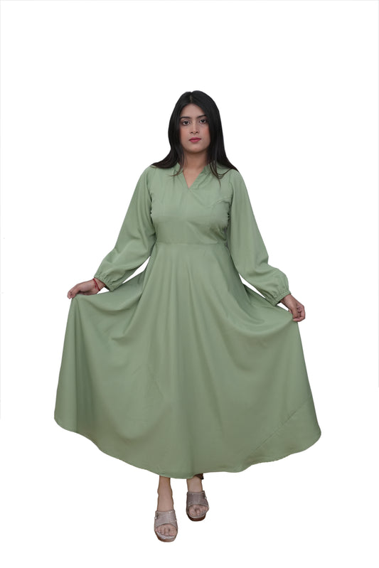 Azqaa Solid Pista Green Puffed Sleeves Dress Women | Full Length Classic Dress | Flattering and Comfortable Fit